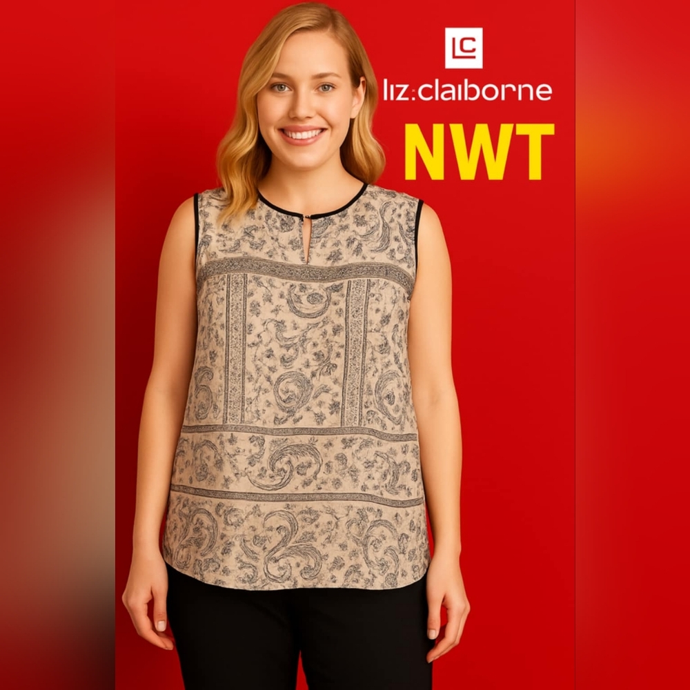 NWT Liz Claiborne Beige Floral Paisley Print Blouse Summer Casual Top Size XL